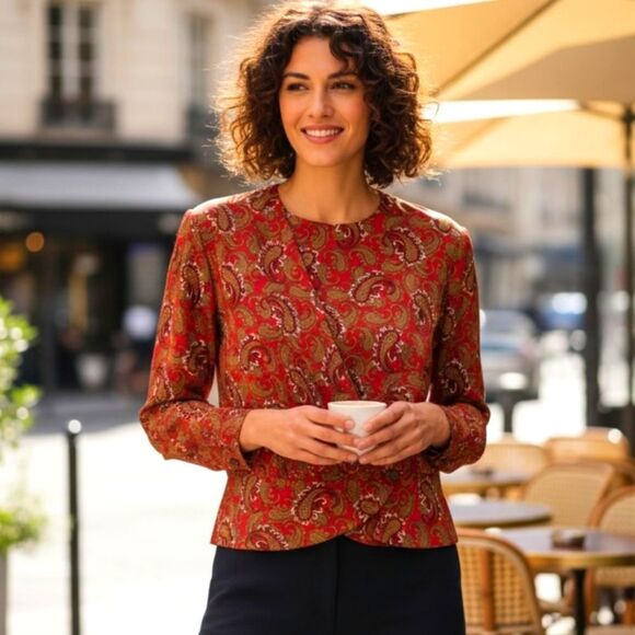 Vintage Josephine Paisley Wrap Front Fitted Waist Professional CareerWear Blouse - Picture 2 of 16